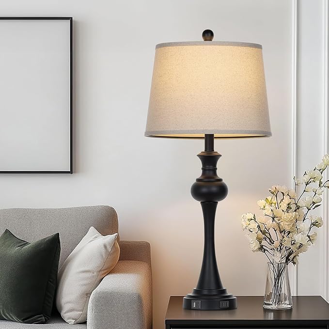28.75" Black Table Lamps Modern 3-Way Dimmable Bedside Lamp with USB A+C Ports & AC Outlets for Living Room Bedroom Nightstand Lamp,Beige Fabric Shade Mid Century Accent Style - Bloomnest