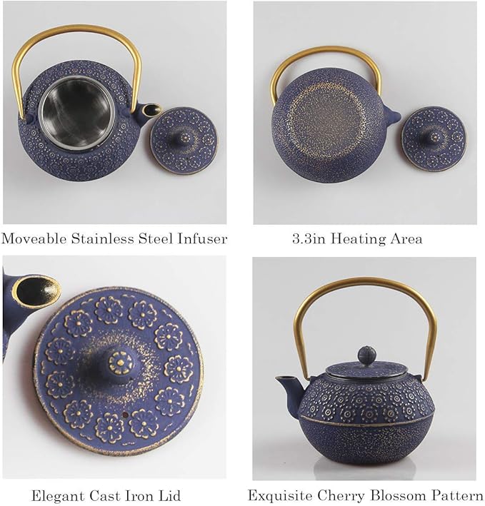Teapot Cast Iron Tea Kettle for Stovetop Safe Coated with Enameled Interior,Japanese Cast Iron Teapot with Stainless Steel Infuser for Loose Tea(33.8oz) - Bloomnest