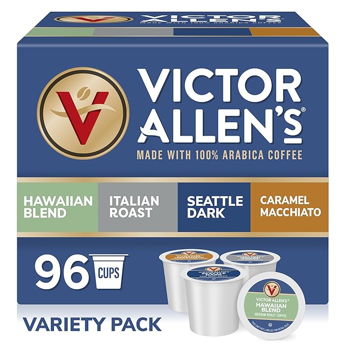 Victor Allen's Coffee Variety Pack (Kona Blend, Italian Roast, Seattle Dark, Caramel Macchiato), 96 Count, Single Serve Coffee Pods for Keurig K-Cup Brewers - Bloomnest