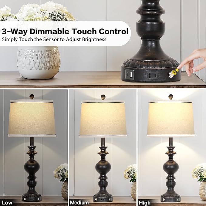 28" Black Farmhouse Table Lamps Set of 2, Rustic Lamp for Living Room with USB C+A Ports & AC Outlet, 3 Way Touch Control Resin Bedside Lamps, Retro Bedroom Lamp for Nightstand Side End Table Desk - Bloomnest