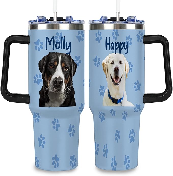 Personalized Tumbler with Dog Pet Photo Face & Name, Custom 40oz Funny Tumblers with Handle and Straw Lid, Gag Gifts For Birthday Christmas, Insulated Stainless Steel Travel Coffee Mug - Bloomnest