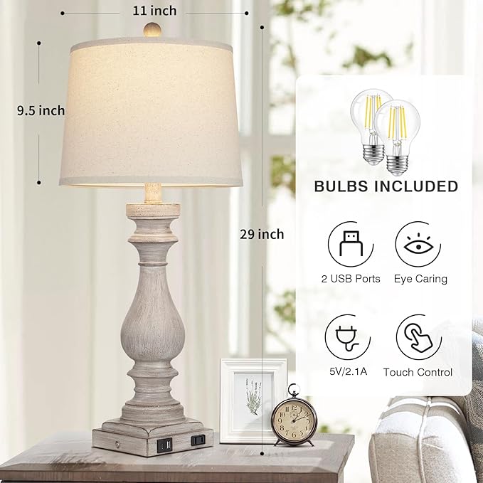 27.5" Farmhouse Table Lamp for Living Room Set of 2,Vintage Bedside Lamps with USB C+A Ports & AC Outlet,3-Way Dimmable Touch Control Gray Washed Finish Nightstand for Bedroom, Gray - Bloomnest