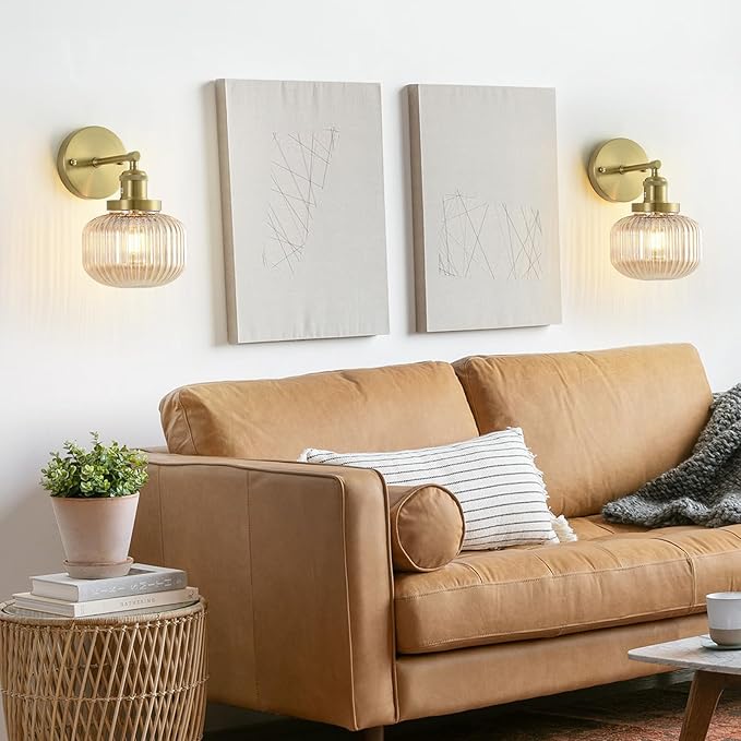 Vintage Wall Sconces with Amber Pumpkin Glass Lampshade, Indoor Bathroom Wall Sconce, Modern Gold Industrial Lighting Fixture for Mirror Living Room Hallway 1 Pack - Bloomnest