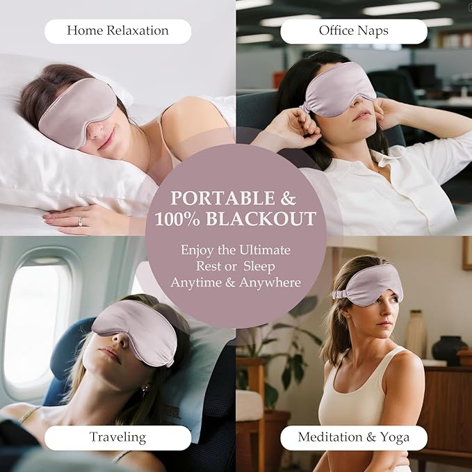 100% 22 Momme Mulberry Silk Sleep Mask with Adjustable Strap, 3D Contoured Cup Silk Eye Mask for Sleeping, Total Black Out, Dusty Purple - Bloomnest