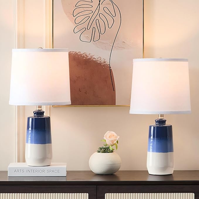 20.5" Ceramic Blue Lamps for Nightstand Set of 2, Blue Table Lamps for Living Room Set of 2, Coastal Table Lamps for Bedroom with White Barrel Lampshade, Blue White Ceramic Lamps for Small Space - Bloomnest