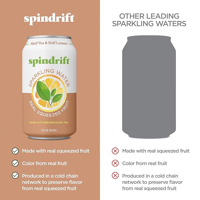 Spindrift Sparkling Water, Half Tea & Half Lemon Flavored, Made with Real Squeezed Fruit, 12 Fl Oz Cans, Pack of 24 (Only 5 Calories per Can) - Bloomnest