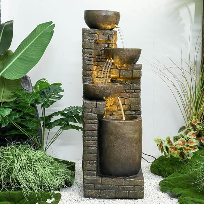 38.2 ''H Cascading Bowls and Stacked Stones with Led Lights Outdoor Water Fountain for Gardens, Landscaping, Balconies, Floor Patio,Backyard and Home Art Decor
