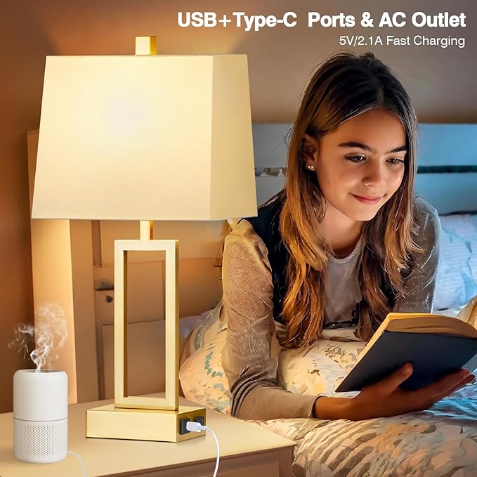 23.5" Touch Control Table Lamps, Metal Bedside Lamp for Bedroom Set of 2 with USB A+C Ports & AC Outlet, 3-Way Dimmable Nightstand Lamp for Living Room (LED Bulb Included) - Bloomnest