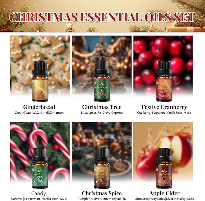 Christmas Essential Oil Set, Essential Oils for Diffusers for Home, Fragrance Oil Gift Set | Gingerbread, Candy, Christmas Tree, Spice, Cranberry, Apple Cider | Aromatherapy, Candle & Soap Making - Bloomnest