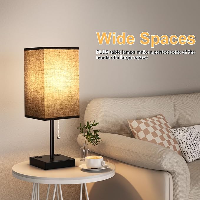 Plus Black Bedside Table Lamps Set of 2 - Bedroom Lamps with 3 Colors (3000K/5000K/4000K), Square Nightstand Lamp with USB C + A Charging Ports and 2 AC Outlets, Pull Chain Night Light for End Table - Bloomnest
