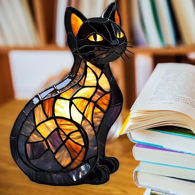 Atlodas Cat Lamp, Retro Cats Stained Resin Tabletop Night Light, Animal Table Lamps Series, Cat Lamp Stained Glass Tabletop Night Light, 3D Cute Pet LED Table Lamps, Gift for Lovers (#09, 7.87) - Bloomnest