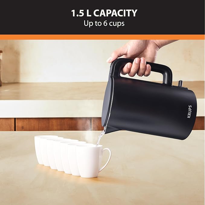 KRUPS 1.5L Electric Kettle Stainless Steel Cool Touch Interior, Fast Boiling, One Cup in 80 Seconds, Double Wall, Auto Off, Keep Warm, Hot Water Kettle Electric, Cordless, Black - Bloomnest
