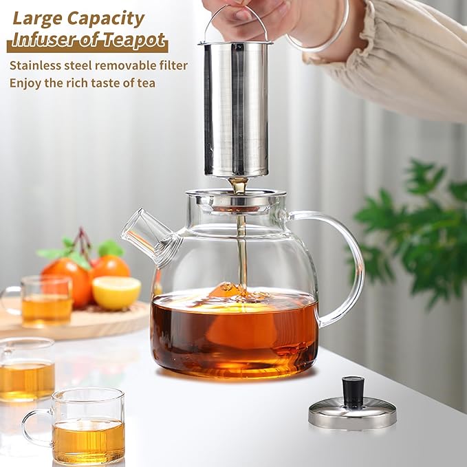 50OZ Glass Teapot With Infuser, Tea Pot for Stove Top, 1500ML Glass Tea Cup With Infuser and Lid, Microwave and Dishwasher Safe - Bloomnest