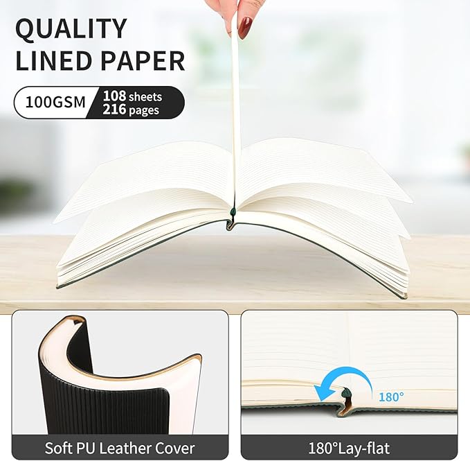TSFPapier A5 Lined Notebook with Pen & Gift Box 216 Pages PU Leather Journals for Women Men 100GSM Thick Paper College Ruled Notebook for Christmas Gifts,School,Travel,Business,Work,Home Writing (Black) - Bloomnest