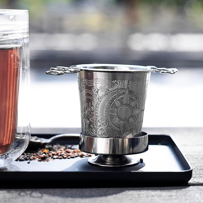 Luxury Tea Strainer Basket Gift Set - Gold Plated Infuser with Engraved Floral Motifs, Crystal Accent Chain for Loose Leaf Tea, Fine Mesh Filter & Ergonomic Handle - Bloomnest