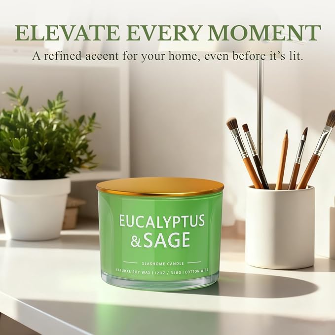 Sage & Eucalyptus Candle, Large 3 Wick 12oz Soy Candle for Home Scented, Luxury Elegant Jar Candle Gift for Women & Men, Long-Lasting Non-Toxic Burn 60+ Hours, Home Decor - Bloomnest