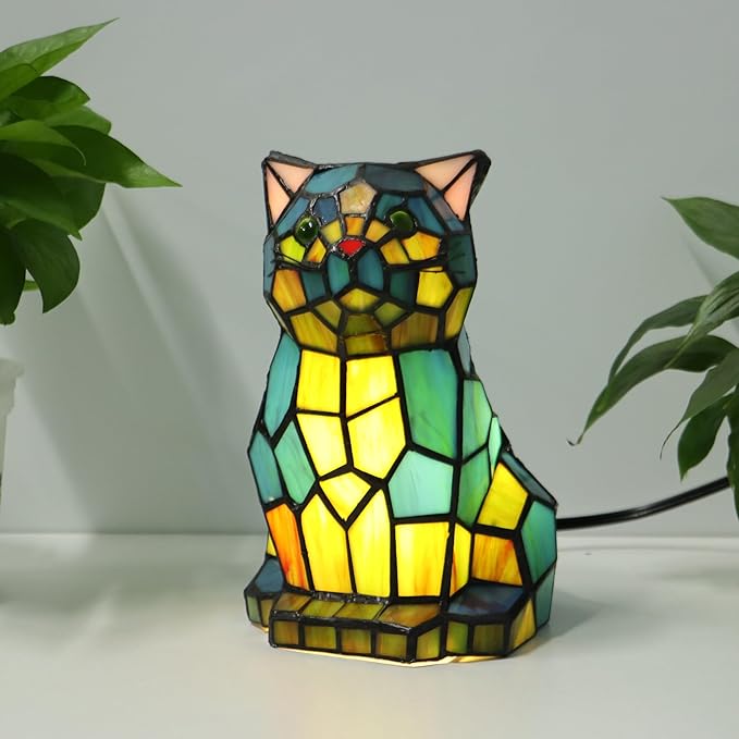 Tiffany Cat Lamp Blue and Green Stained Glass Animal Table Lamp Accent Lamp - Bloomnest