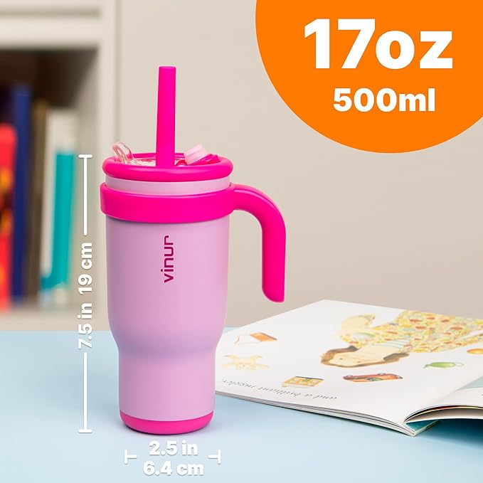 VINUR Kids Insulated Tumbler with Handle-Spill Proof & Leak Resistant-18/8 Stainless Steel Vacuum Water Cup with Straw Lid and Silicone Base-Cup Holder Friendly, 17 oz-Purple Pink - Bloomnest
