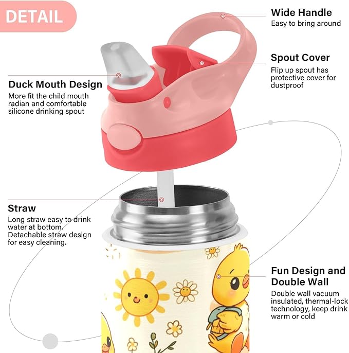 Little Yellow Duck Flower Kids Insulated Water Bottle, Toddlers Tumbler Travel Cup with Straw & Handle Stainless Steel Cup for Travel School Girls 12 oz - Bloomnest