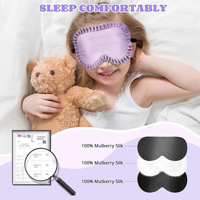 Kids Sleep Mask Eye Cover, 100% Real Mulberry Silk Sleep Mask with Adjustable Strap, Kids Blindfold for Sleeping, Boys Girls Eye Shade for Ages 5+, Soft and No Pressure (Purple) - Bloomnest