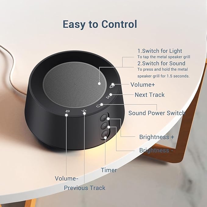 BGOVERSS White Noise Sound Machine with 20 Soothing Sounds, 10 Colors Night Light Sleep Machines Home Office Travel, 5 Timers and Memory Feature Sound Machine for Nursery Baby Kids Adults (Black) - Bloomnest