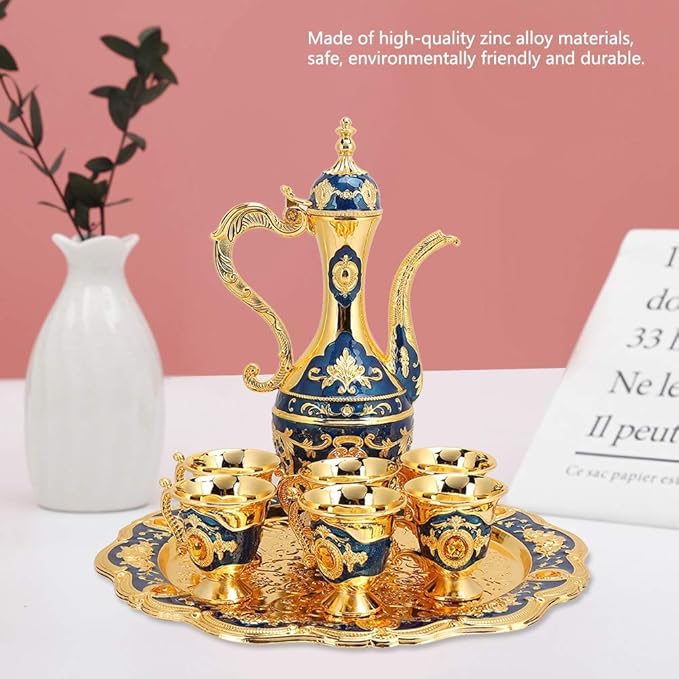 Alvinlite Small Vintage Turkish Coffee Pot Set, Turkish Tea Set with 6 Coffee Cups, Golden Wine Decanter and Glasses Set, Turkish Copper Coffee Cup Set for Home Tea Party 40ml/Cup(Blue) - Bloomnest
