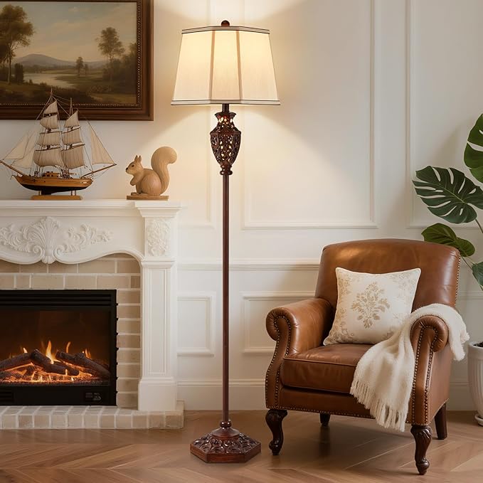Luvkczc Vintage Floor Lamp - Brown Resin 6-Sided Carved Hollow Light Design, Mid-Century Modern Standing Lamp for Living Room, Bedroom, Study(Bulb Included) - Bloomnest