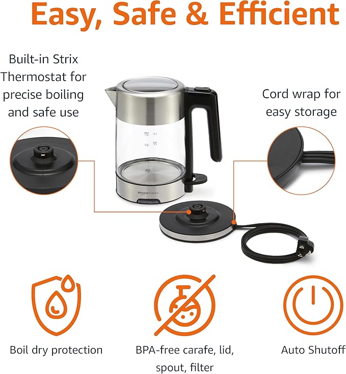 Amazon Basics Electric Kettle with Glass Carafe for Tea and Coffee, BPA-Free, Fast Boiling, Auto Shut-Off, 1.8 Quarts, 1500W, Black and Silver - Bloomnest
