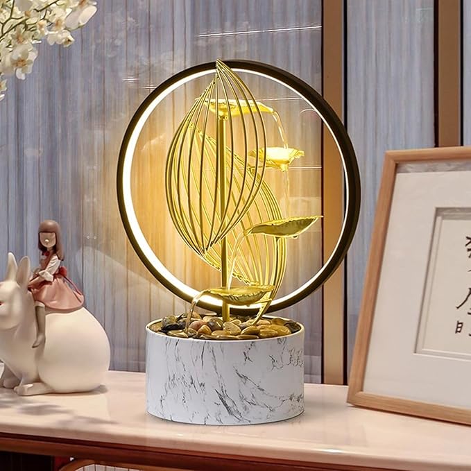 Golden Indoor Fountain Desktop Waterfall, Fountain Meditation Fountain with LED Lights. Natural River Stone Home Office Decoration Mom Gift - Bloomnest