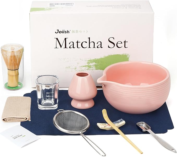 Matcha Whisk Set, Matcha Kit 10-Pcs, Bamboo Whisk and Bowl with Spout & Measuring Spoon & Cup, Japanese Matcha Tea Making Tools, Light Pink - Bloomnest