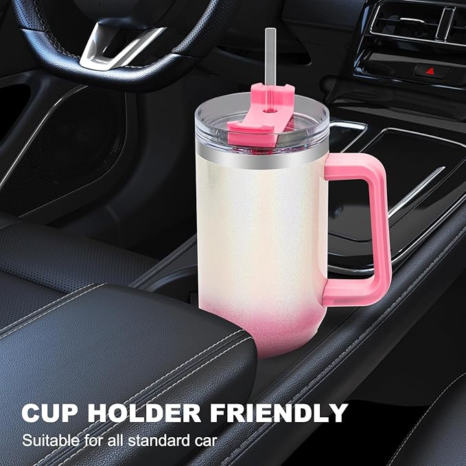 40 oz Tumbler with Handle and Flip Straw Lid, Vacuum Insulated Leak Proof Double Walled Stainless Steel Glitter Travel Mug Tumblers, Maintains Cold Ice and Heat for Hours(White Pink Gradient) - Bloomnest