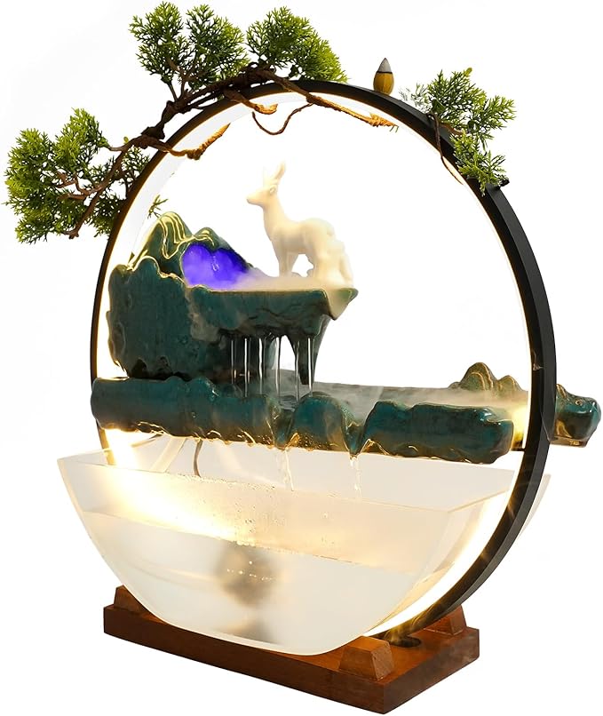 Tabletop Decoration Water Fountains Indoor Waterfall Fountains Humidifie with LED Light and Atomizer, Japanese Zen Decor for Meditation Fake Plants Bonsai Gift Feng Shui Decor - Bloomnest