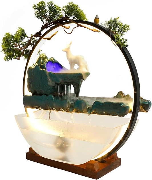 Tabletop Decoration Water Fountains Indoor Waterfall Fountains Humidifie with LED Light and Atomizer, Japanese Zen Decor for Meditation Fake Plants Bonsai Gift Feng Shui Decor - Bloomnest