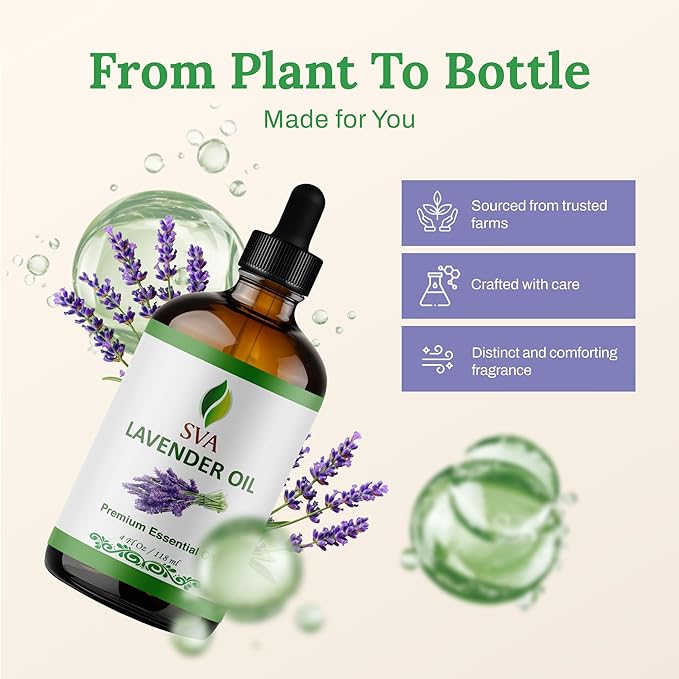 SVA Lavender Essential Oil – 4 Fl Oz – 100% Natural Lavender Oil - for Diffuser, Hair Care, Face, Skin Care, Aromatherapy, Scalp and Body Massage, Soap and Candle Making – with Dropper - Bloomnest