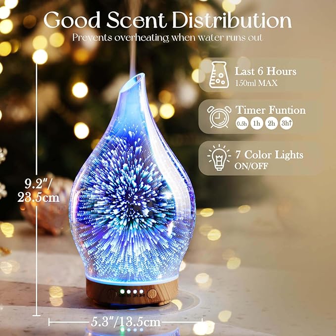 Porseme Oil Diffuser 3D Glass Aromatherapy Ultrasonic Humidifier, Air Refresh Auto Shut-Off, Timer Setting, BPA Free for Home Hotel Yoga Leisure SPA Gift 150ml Last 6H - Bloomnest