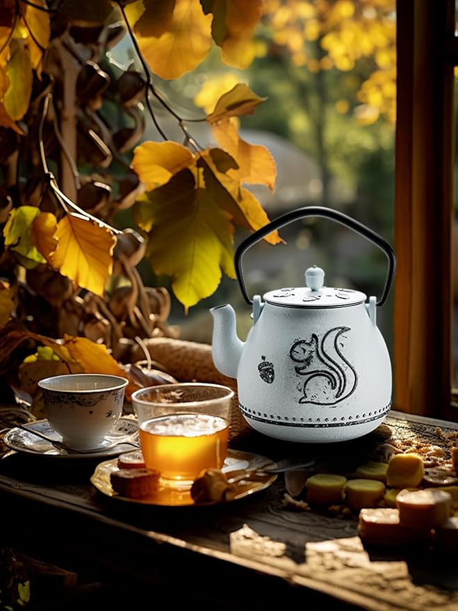 Toptier Teapot with Removable Infuser, Cast Iron Tea Kettle Stovetop Safe, Squirrel Design Tea Pot Coated with Enameled Interior for 32 Ounce (950 ml), Light Blue - Bloomnest