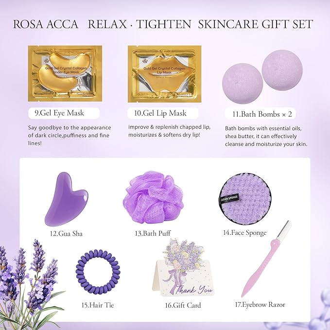 23 Pcs Valentines Day Gifts for Women, Lavender Facial Skin Care Set, Luxury Bath and Body Gifts, Spa & Self-Care Kit, Peptide Sheet Mask, Present, Birthday, Christmas, Mother Day, Bridal Shower