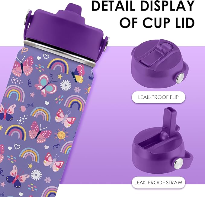 Butterfly Gifts - 16oz Purple Kids Water Bottle with Straw Lid, Stainless Steel Insulated Tumbler, Leakproof, BPA-Free, for Girls, School, Travel - Butterfly Rainbow Themed Birthday Gift Cup (1pc) - Bloomnest
