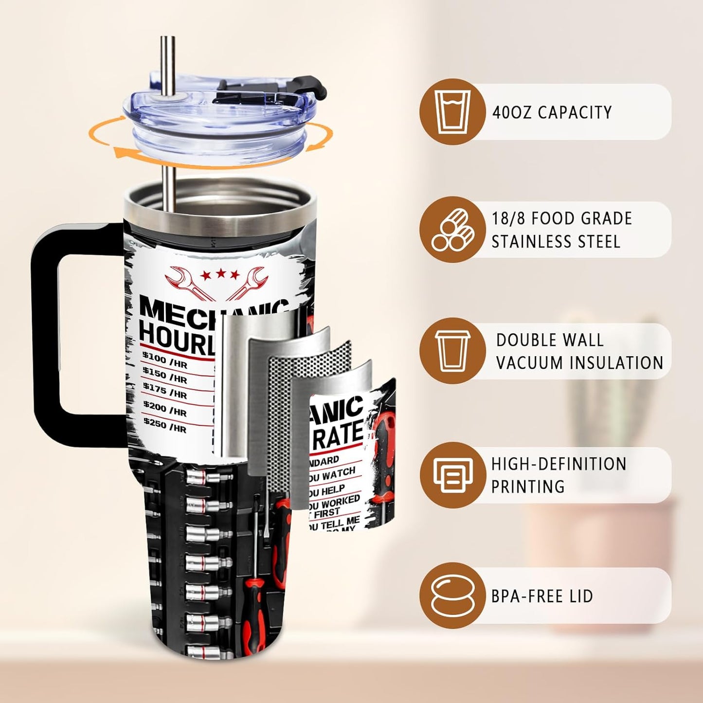 DUUV Mechanic Gifts, Mechanic Tumbler 40 Oz, Stainless Steel Insulated Mug, Christmas Thanksgiving Birthday Gifts for Mechanics Car Enthusiasts, Funny Coffee Travel Mug for Auto Repair Workers, 1PCS