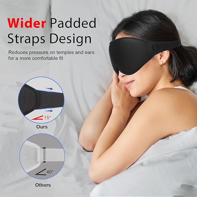 3D Sleep Mask with Earplugs, 100% Light Blackout Eye Mask for Sleep, Washable Sleeping Mask, 0 Pressure Eye Covers for Sleep with Wider Adjustable Strap, Only 1.3oz Light Soft Sleeping Mask (Black) - Bloomnest