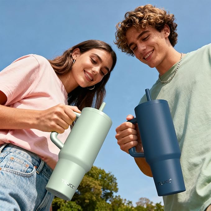 TILUCK 30 oz Tumbler with Handle, Vacuum Insulated Stainless Steel Travel Mug with 100% Leak-Proof Silicone Straw Lid, Cupholder Friendly Water Bottle(LakeBlue, 30oz) - Bloomnest