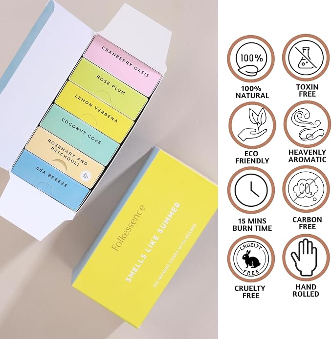 Folkulture Incense Cones (120 Cones) | Set of 6 Smell Like Summer Insence Cones for Gifts, Aromatherapy | No Charcoal, Organic, Non Toxic Coconut, Citrus, Sea Breeze Summer Scents Inscents-Cones FOLKULTURE