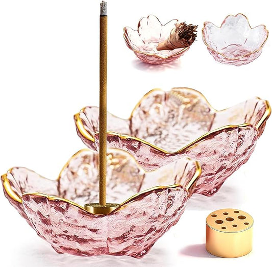 2 Set Incense Holder for Sticks and Backflow Incense Handmade Glass Cherry Blossom Incense Stick Holder with 9 Incenses Holes Incenses Burner Ash Catcher (2 Pcs Plum Blossom with Gilt-Edged) - Bloomnest