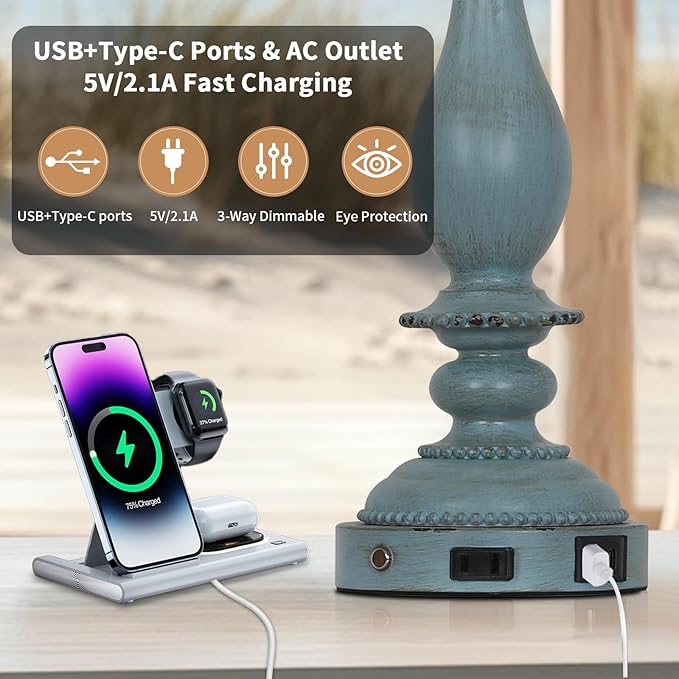 28" Tall Coastal Table Lamps for Living Room Set of 2, Farmhouse Rustic Blue Bedside Touch Lamp with USB C+A Ports & Outlet, 3-Way Dimmable Resin Nightstand Lamps for Bedroom Side End Table - Bloomnest
