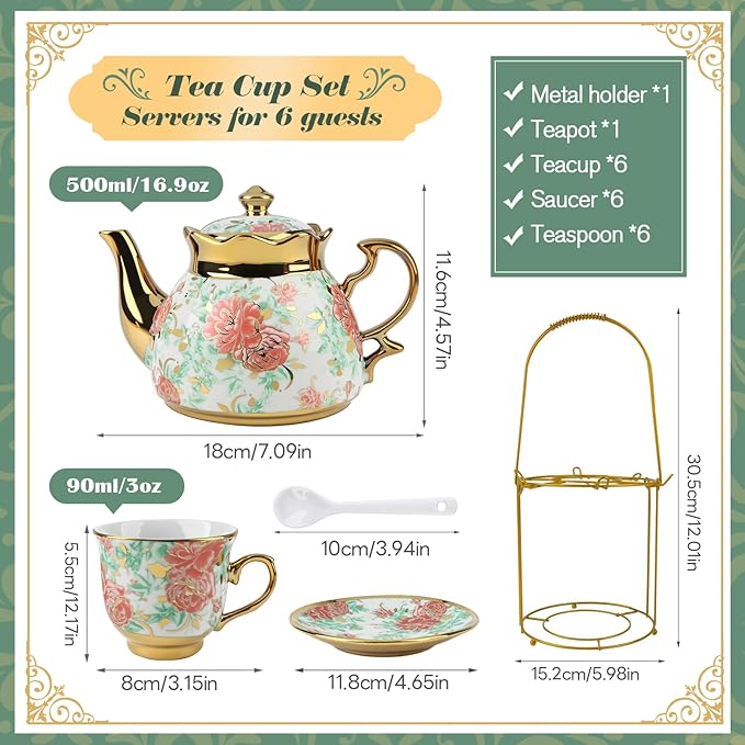 20 Pcs Porcelain Tea Set with Metal Holder, Adult Tea Set Gift, European Ceramic Tea Set for Adults, Flower Tea Cup Saucer Set for Party With Gold Flower Painting (Vibrant Green) - Bloomnest