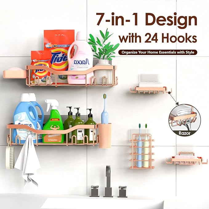 Shower Caddy Adhesive Shower Organizer 7-Pack, Rustproof Stainless Steel Bathroom Shelves, Large Capacity No-Drill Rack Storage Accessories with Soap Dish Toothbrush Holder Hooks - Bloomnest
