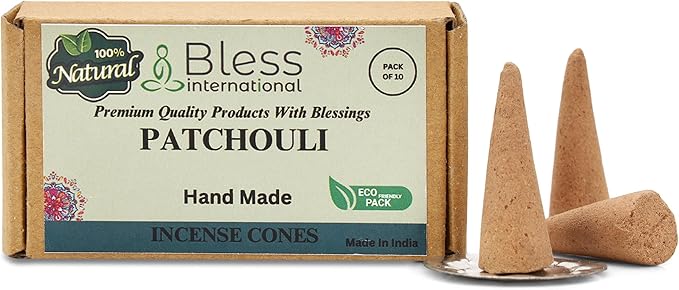 Bless International Patchouli 100%-Natural-Incense-Cones Handmade-Hand-Dipped Organic-Chemicals-Free for-Purification-Relaxation-Positivity-Yoga-Meditation The-Best-scents (10 Count) BlessInternational
