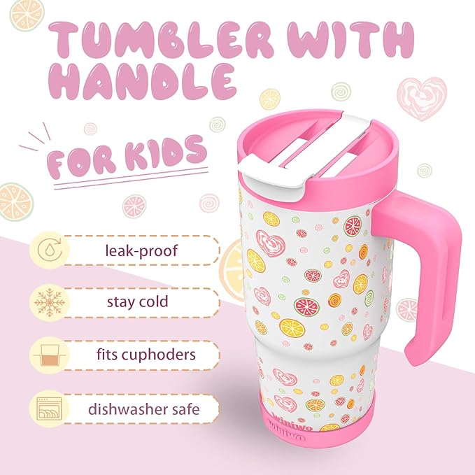 22 oz Tumbler with Handle for Kids, Easy to Hold, Spill-proof, Insulated Cups with Sip/Swig 2-in-1 Lid, Fit Most Car Cup Holders,School, Home,travel,Red Candy - Bloomnest