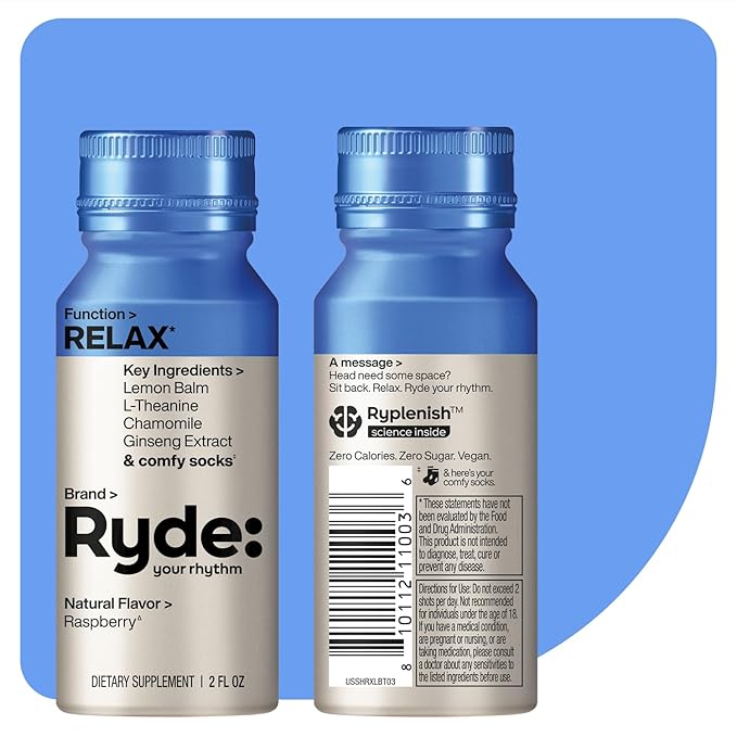Ryde: Relax Shot | Raspberry Flavor | Lemon Balm, L-Theanine, Ginseng & Chamomile |0 Calories, 0 Sugar | 2 FL OZ Shots | Helps You Relax* (24 Pack) - Bloomnest