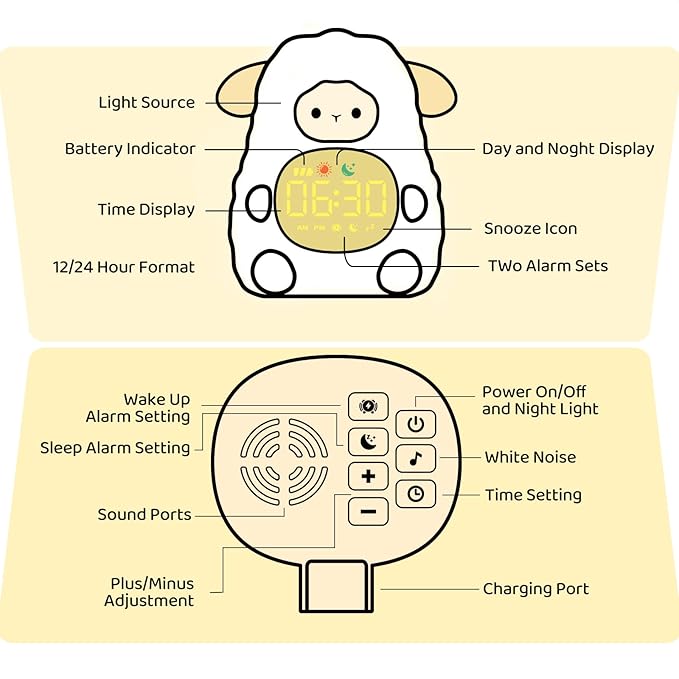 Sheep Alarm Clock with Night Light for Kids with Sleep Training and Sound Machine, Rechargeable Silicone Lamp OK to Wake Clock，Cute Animal Tabletop Lamp, Perfect Sleep Companion for Boys Girls - Bloomnest